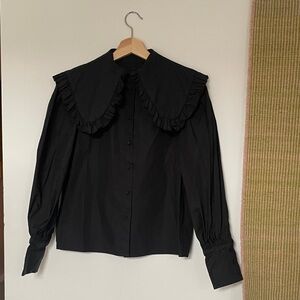 COMMENSE Black Ruffled Collar Button-Up Blouse